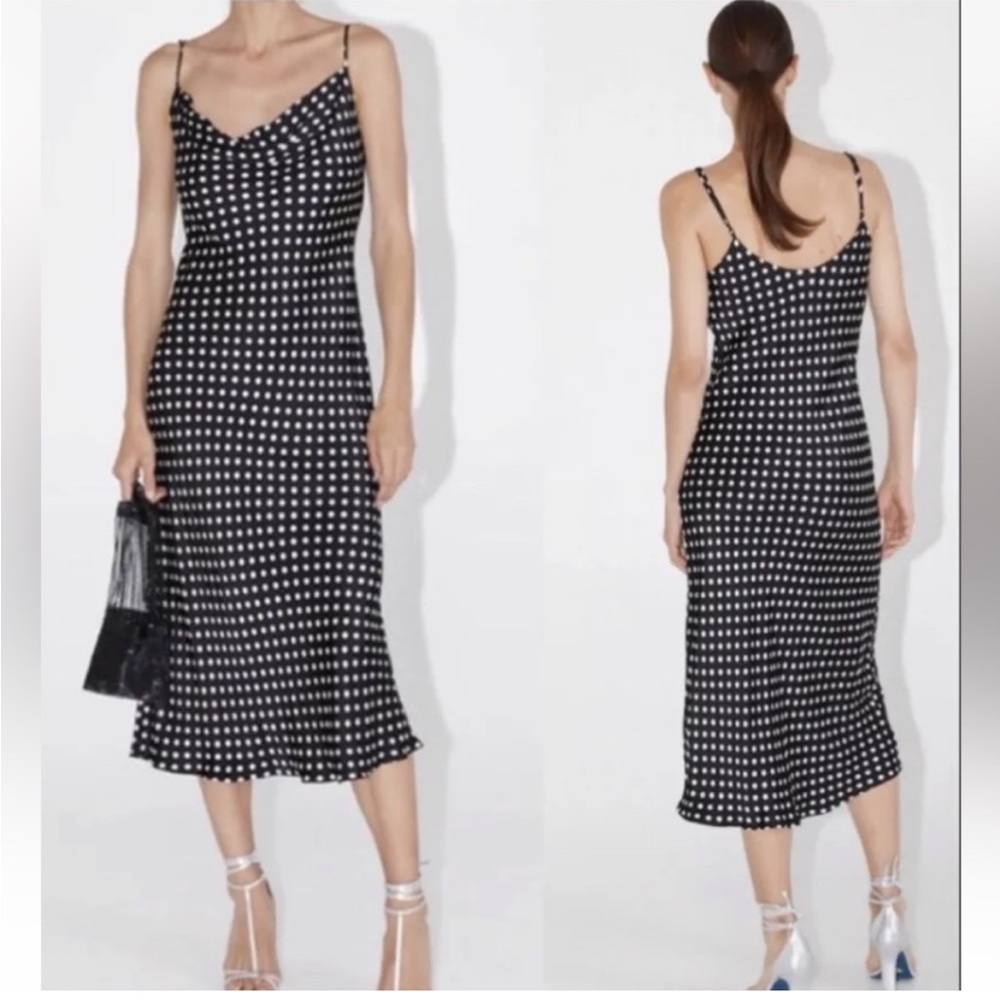 Zara black and white polka dot midi slip dress